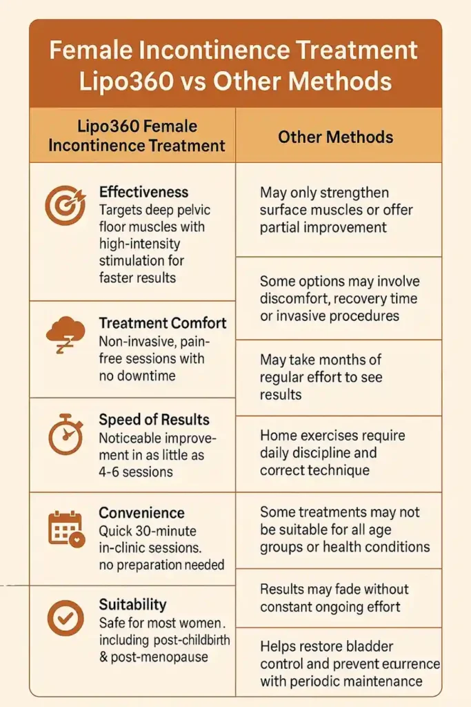 Comprehensive Guide To Female Incontinence Treatment Options 1 Table showing benefits of incontinence treatment York